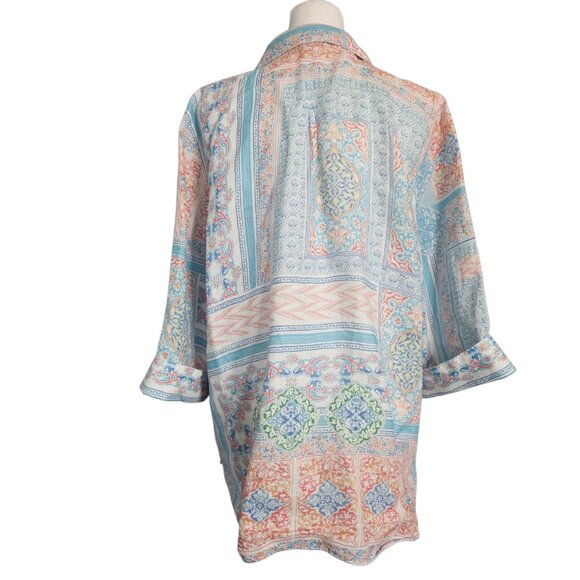 Chico's Women's Blouse SZ 2 US 12 Large No Iron 100% Linen Floral Coastal Tile - Picture 4 of 11